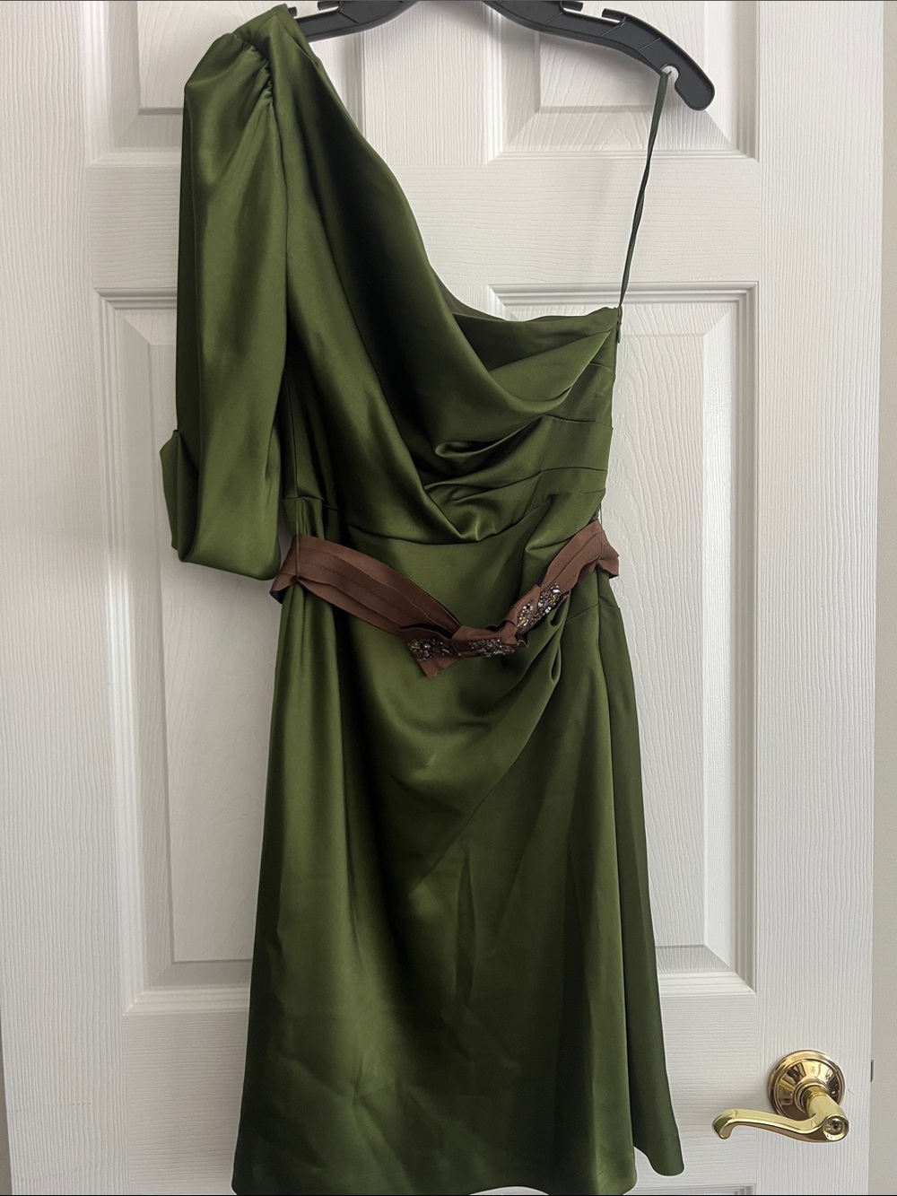 BCBG Max Zara Olive Green One-Shoulder Satin Dress with Brown Accent belt